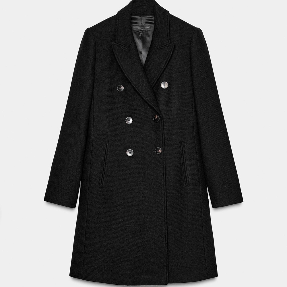 New Zara double- breasted coat with shoulder pads in black XS
